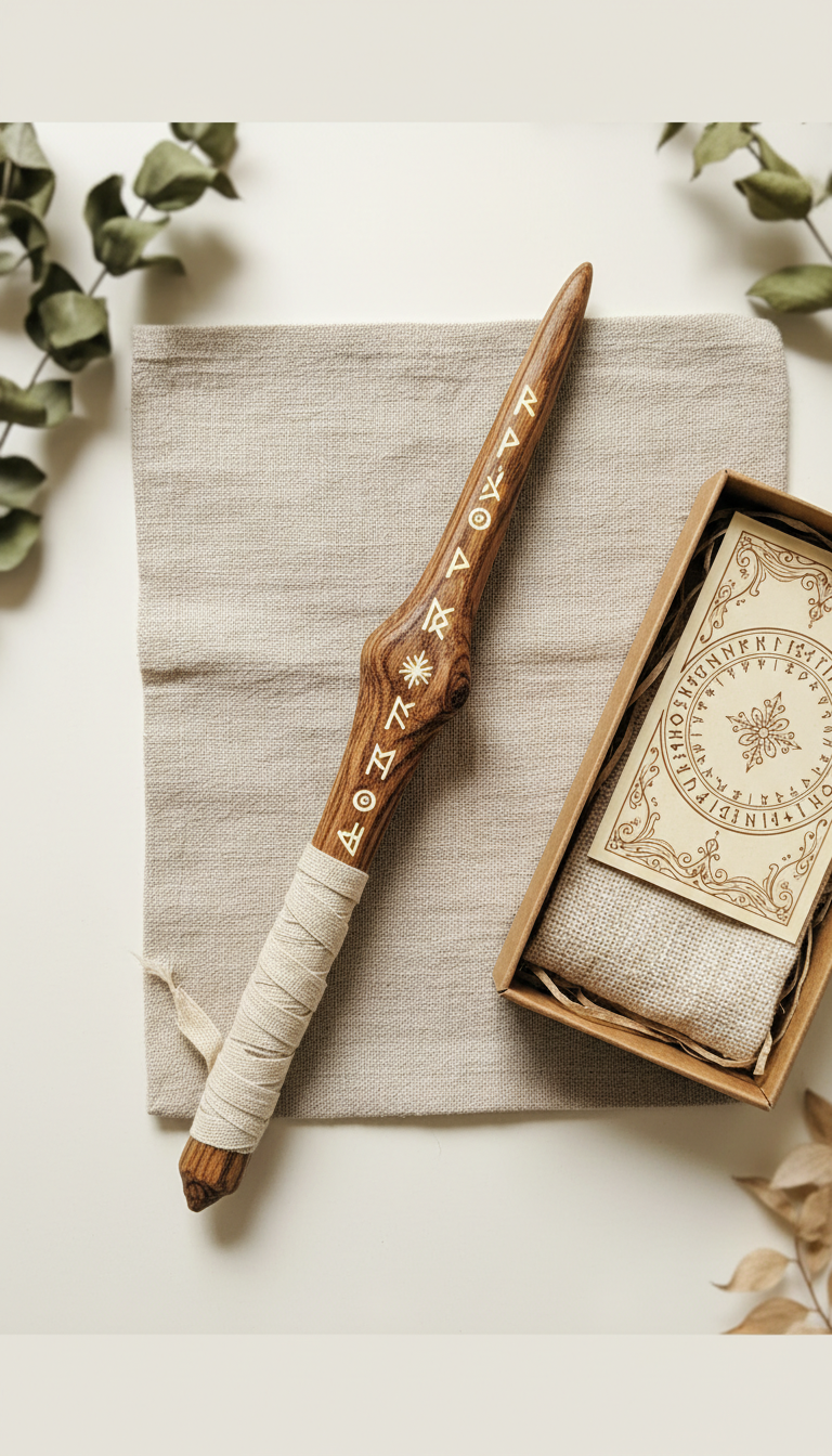 Oak wand with folklore runes linen wrap